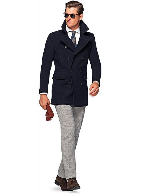 Autumn Winter Menswear Essentials 2017 Black Pea Coat Blue Sweater Navy Jeans Brown Shoes