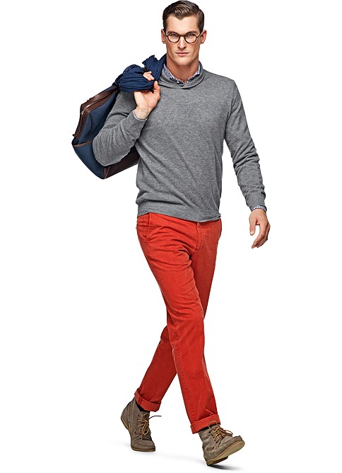 red trousers matching shirt