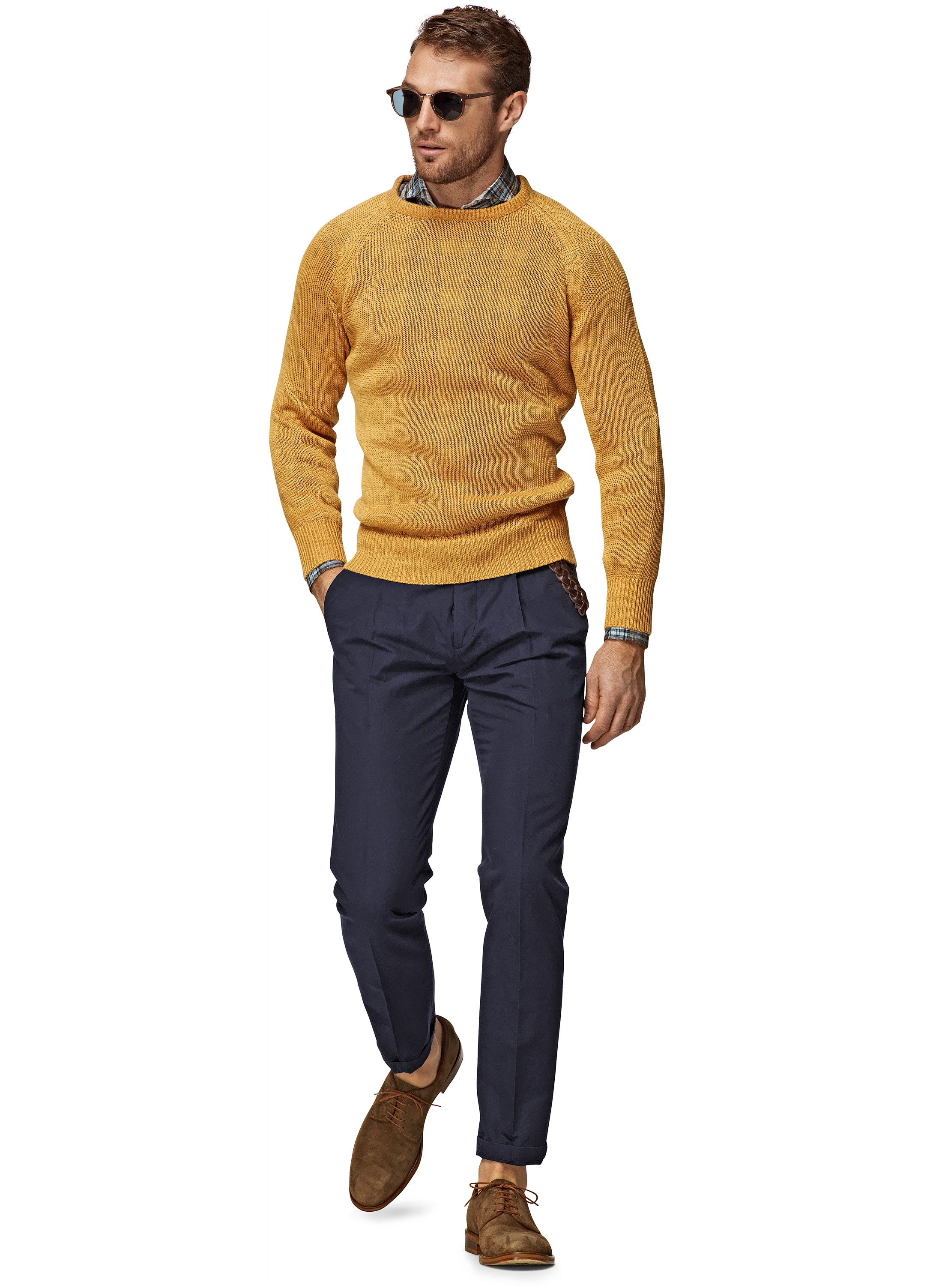 navy pleated trousers